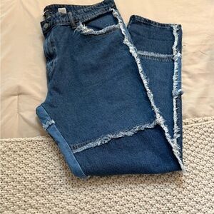 Men’s Blue Frayed Patchwork Jeans— Fashion Nova